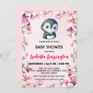 Rosa Niedlicher Pinguin süße Blume Babydusche Kind Einladung