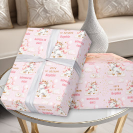 Rosa Niedliches Einhorn Girl 1. Geburtstag Name Geschenkpapier