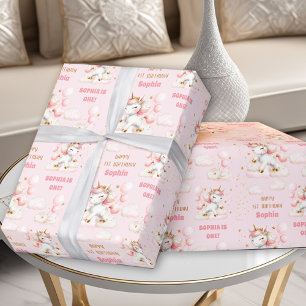 Rosa Niedliches Einhorn Girl 1. Geburtstag Name Geschenkpapier