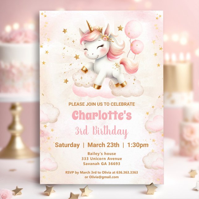 Rosa Niedliches Einhorn Girl Geburtstag Einladung (Pink Cute Unicorn Girl Birthday Invitation)