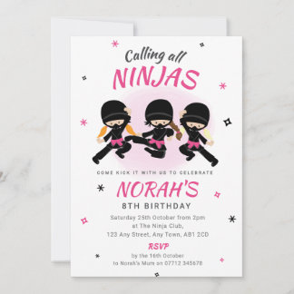 Rosa Ninja-Geburtstagseinladung Mädchen Karate-Par Einladung