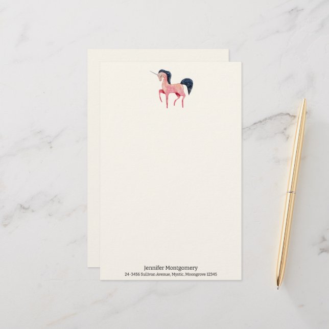 Rosa Nordic Unicorn mit schwarzem Mane Briefpapier (Vorderseite/Rückseite Beispiel)