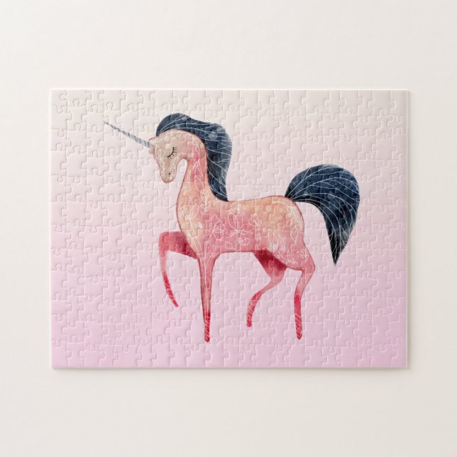 Rosa Nordic Unicorn mit schwarzem Mane Puzzle (Horizontal)