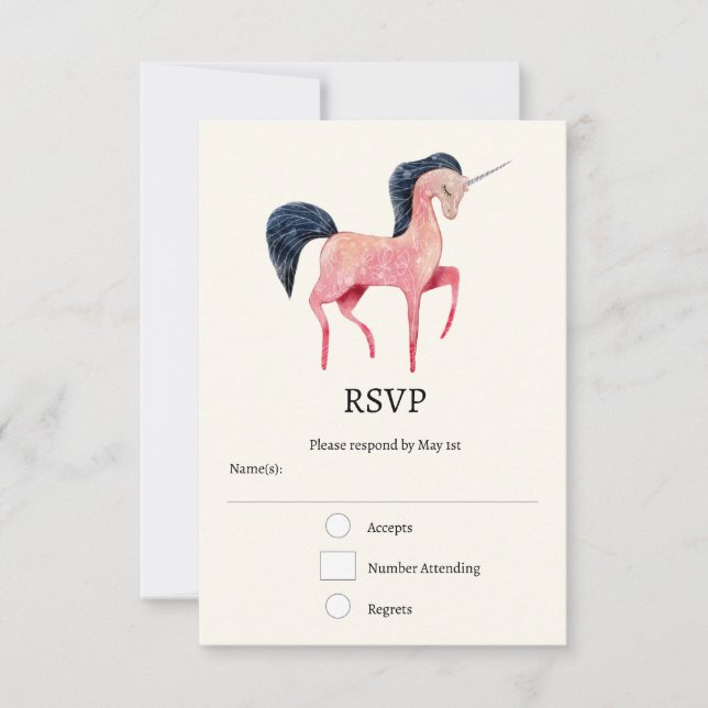 Rosa Nordic Unicorn mit schwarzem Mane RSVP Karte (Vorderseite)