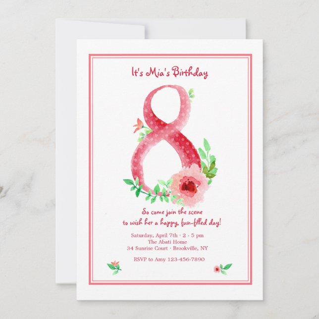 Rosa Nummer 8 Einladung (Vorderseite)