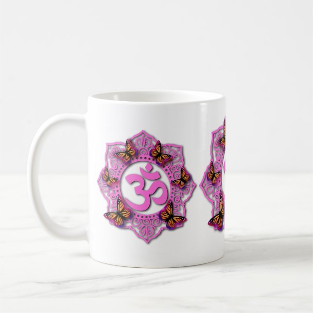Rosa-Ochsenmandala-Design mit Monarchschmetterling Kaffeetasse (Links)