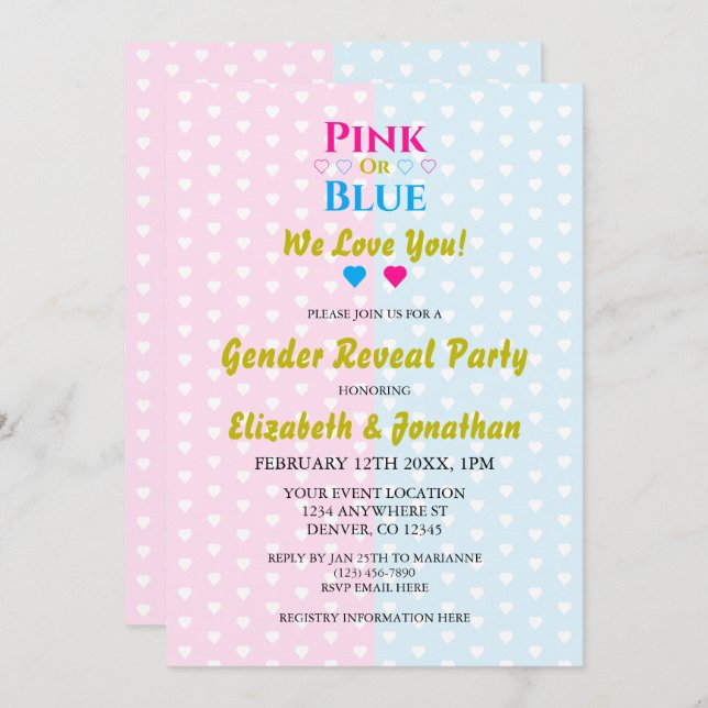 Rosa oder blau, wir Liebe dich! Geschlechtsankündi Einladung (Vorne/Hinten)