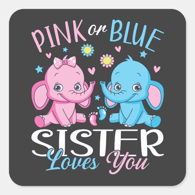 Rosa oder blaue Schwänze Lieben Elephant Baby Quadratischer Aufkleber (Vorderseite)