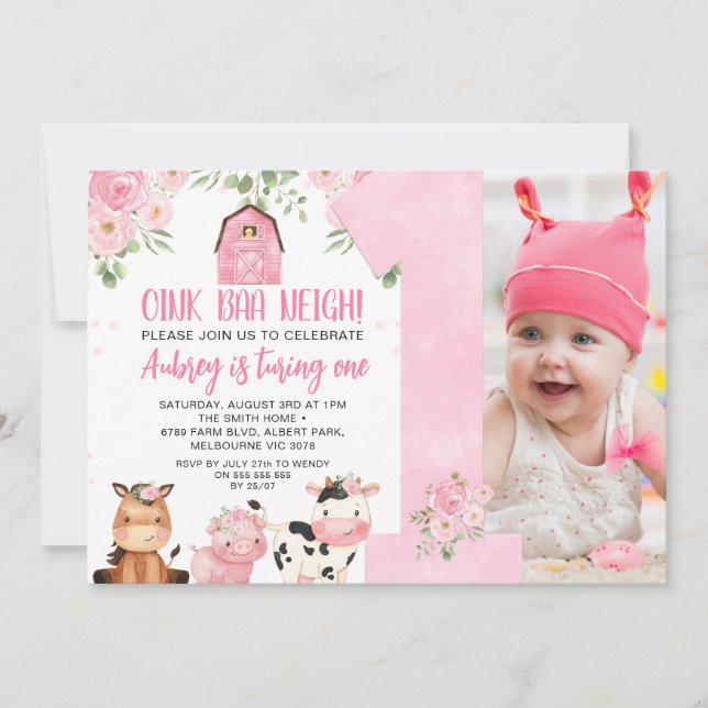 Rosa Oink Baa Neigh Girls Einladung zum 1. Geburts (Vorderseite)