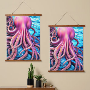 Rosa Oktopus Blaue Ozeanwelle Hintergrund Wandteppich Mit Holzrahmen