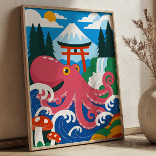 Rosa Oktopus mit Mount Fuji & Torii-Tor japanisch Poster