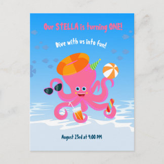 Rosa Oktopus Sommermädchen Geburtstagsparty Einladungspostkarte
