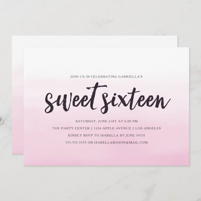 Rosa Ombre 16. Geburtstag Party Einladung (Vorne/Hinten)