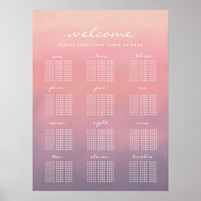 Rosa Ombre Boho Minimalistische Hochzeitssitzkarte Poster (Vorne)