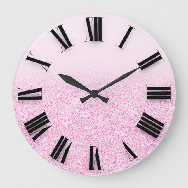 Rosa Ombre Glitzer Minimal römische Zahlen Große Wanduhr (Vorderseite)