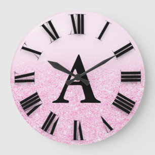 Rosa Ombre Glitzer Monogram römische Zahlen Große Wanduhr