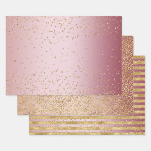 Rosa Ombre Gold Glitz Sparkle Streifen Leopard Geschenkpapier Set