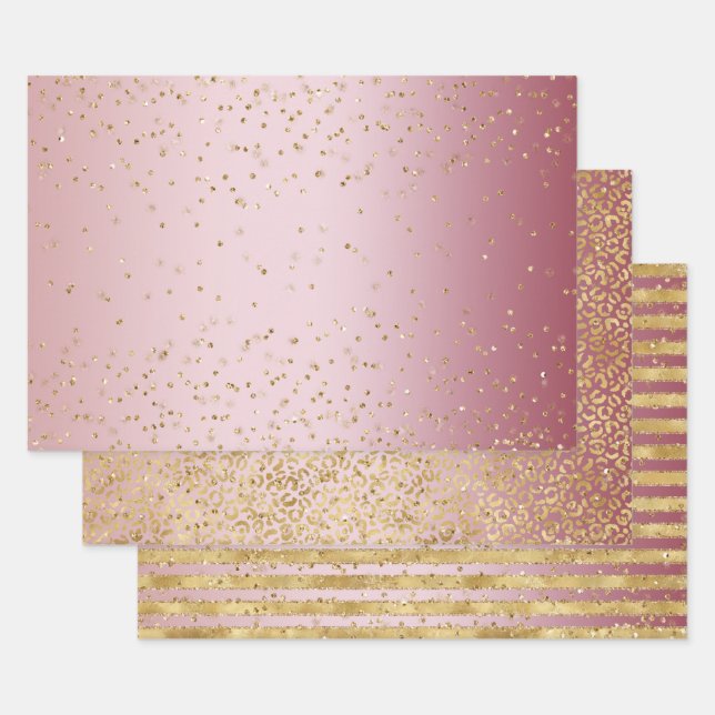 Rosa Ombre Gold Glitz Sparkle Streifen Leopard Geschenkpapier Set (Set)