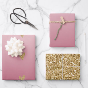 Rosa Ombre Gold Glitzer Herz Geschenkpapier Set