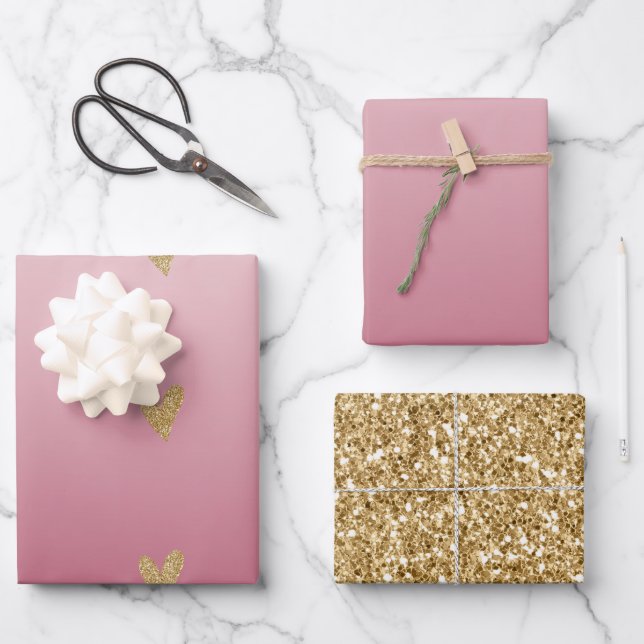 Rosa Ombre Gold Glitzer Herz Geschenkpapier Set (Vorderseite)