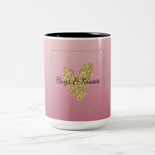 Rosa Ombre Gold Glitzer Herz Zweifarbige Tasse (Mittel)