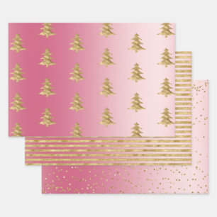 Rosa Ombre Gold Streifen Weihnachtsbaumen Confetti Geschenkpapier Set