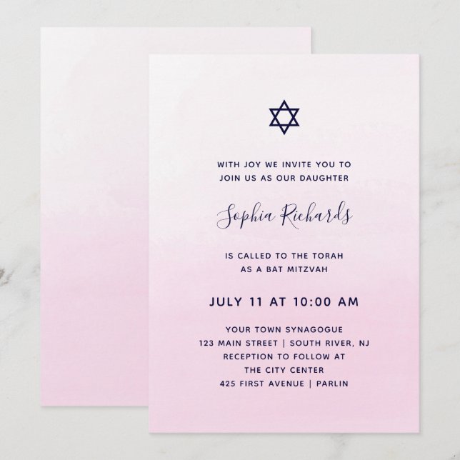 Rosa Ombre Wasserfarbe| Bat Mitzvah Einladung (Vorne/Hinten)