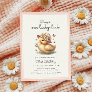 Rosa One Lucky Duck Baby Mädchen erster Geburtstag Einladung
