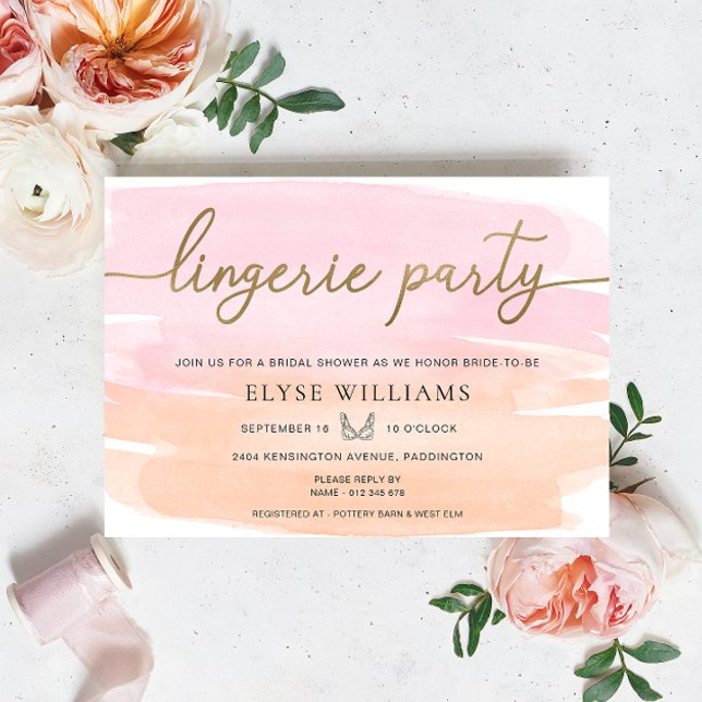 Rosa Orange Aquarell Gold Lebie Party Dusche Einladung (Lingerie Party Bridal Shower Invitation Pink Orange Watercolour Gold )