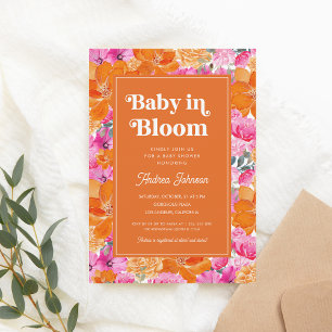 Rosa Orange Baby in Bloom Floral Retro Baby Dusche Einladung
