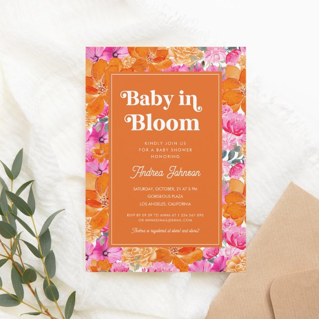 Rosa Orange Baby in Bloom Floral Retro Baby Dusche Einladung (Von Creator hochgeladen)