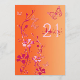 Rosa, orange Blume & Butterfliegen 21. Geburtstag Einladung