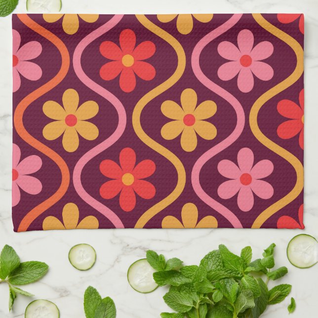 Rosa Orange-Blume im Retro-Ogee-Muster Geschirrtuch (Gefaltet)