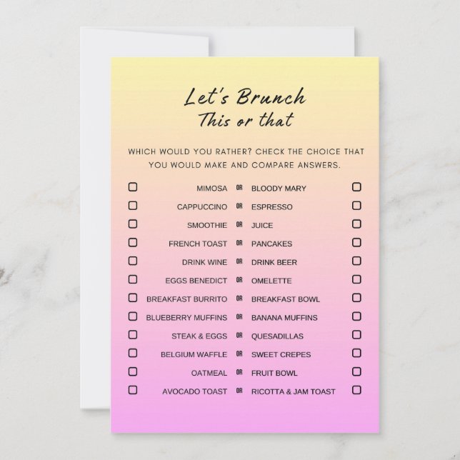 Rosa Orange Dieses oder jenes Brunch Party Spiel Einladung (Vorderseite)