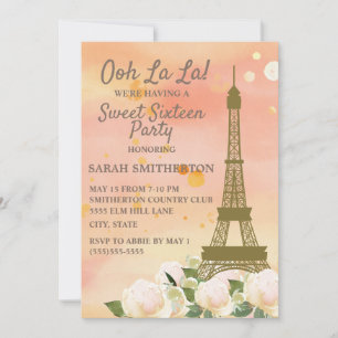 Rosa orange Eiffelturm weiße Blumen Sweet 16 Einladung