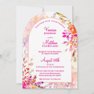 Rosa Orange Elegante Florale Bogenform-Hochzeit Einladung