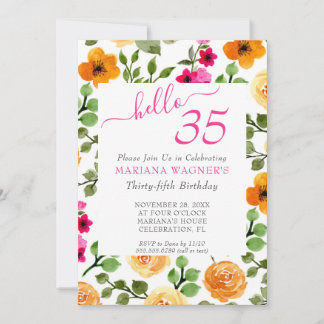 Rosa Orange Floral Elegant Script 35. Geburtstag Einladung