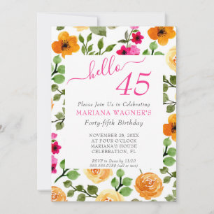 Rosa Orange Floral Elegant Script 45. Geburtstag Einladung
