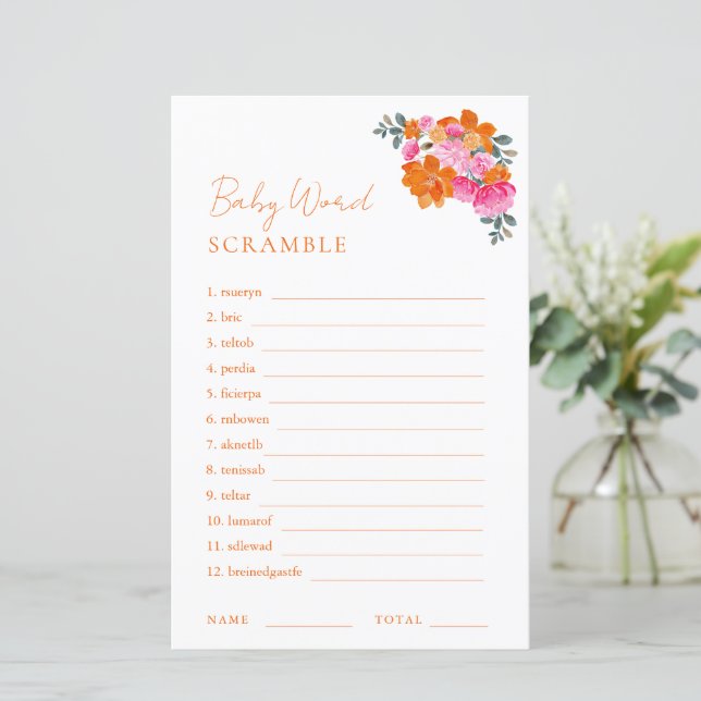 Rosa Orange Floral Word Scramble Baby Showspiel (Stehend Vorderseite)