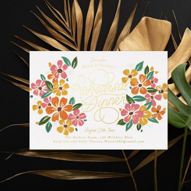 Rosa Orange Florals Handschrift Probe Abendessen Folieneinladung (Von Creator hochgeladen)