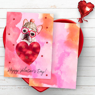 Rosa Orange Französische Bulldogge Valentinstag Ge Feiertagskarte