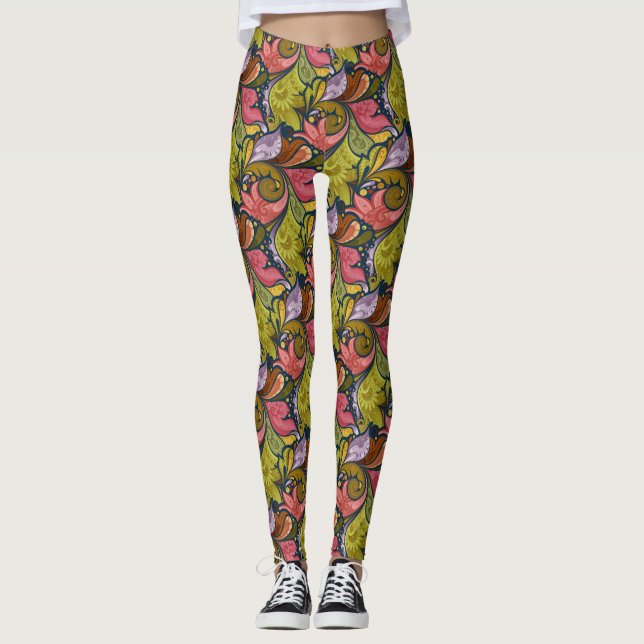 Rosa orange-gelb-violette Blumen und wirbel Leggings (Vorderseite)