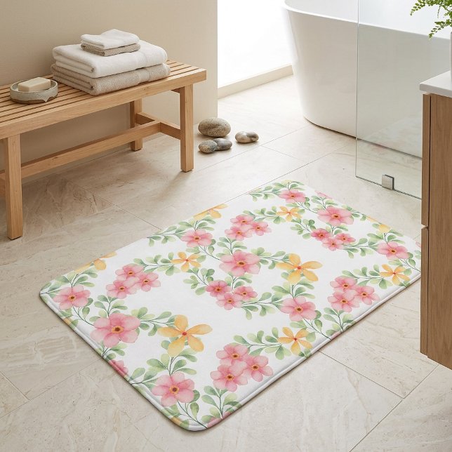 Rosa Orange Grüne Aquarell-Wildblume Badematte (Pink Orange Green Watercolor Wildflower Bath Mat)