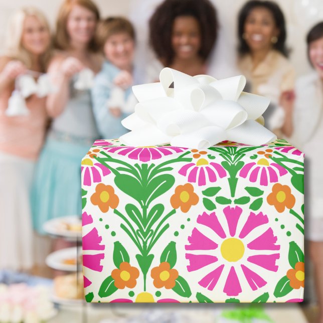Rosa Orange Grüne Blüten Freudengeschenk  Geschenkpapier (Von Creator hochgeladen)