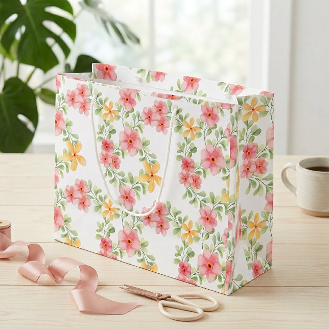 Rosa Orange Grüne Wildblumen-Wasserfarbe Große Geschenktüte (Pink Orange Green Wildflower Watercolor Large Gift Bag)