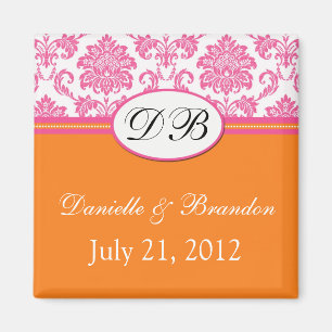 Rosa orange Monogramm-Damast-Hochzeits-Magnet Magnet