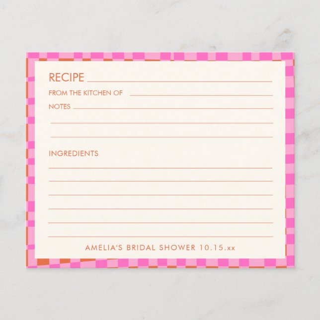 Rosa-orange personalisierte Brautdusche-Rezeptkart (Vorderseite)