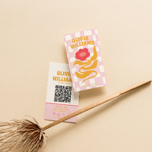 Rosa orange QR-Code Groovy kariert floral Mädchenh Visitenkarte