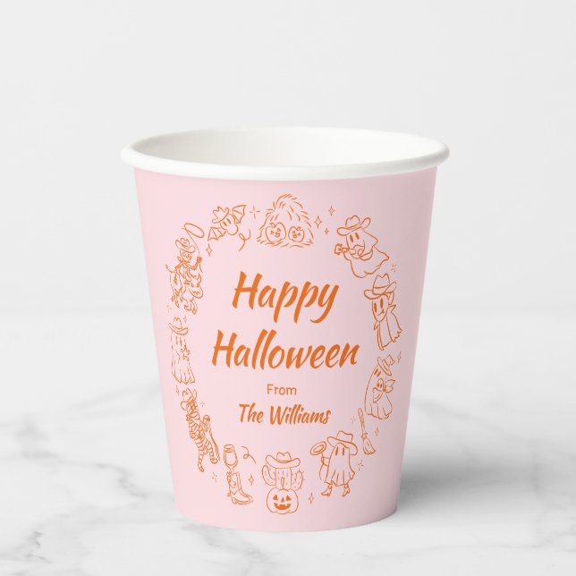 Rosa Orange Quirky Hand Drawn Doodles Halloween Pappbecher (Vorderseite)