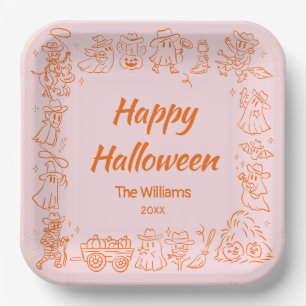 Rosa Orange Quirky Hand Drawn Doodles Halloween Pappteller